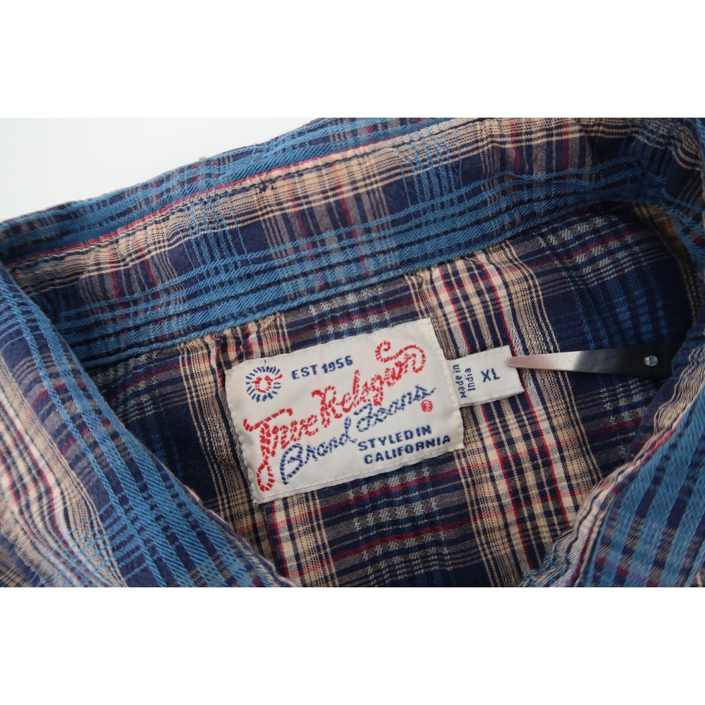True Religion Men's XL Western Pearl Snap Button Blue Plaid Long Sleeve Shirt - Picture 3 of 6
